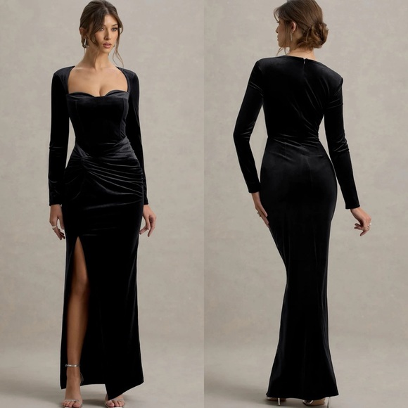 club l fay dress Fay | Navy Velvet Corset Style Knot Maxi Dress Club L London